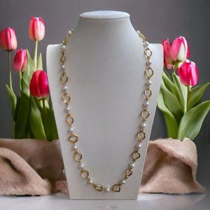 Vintage Gold Tone Link Chain Faux Pearl Station Necklace 26"